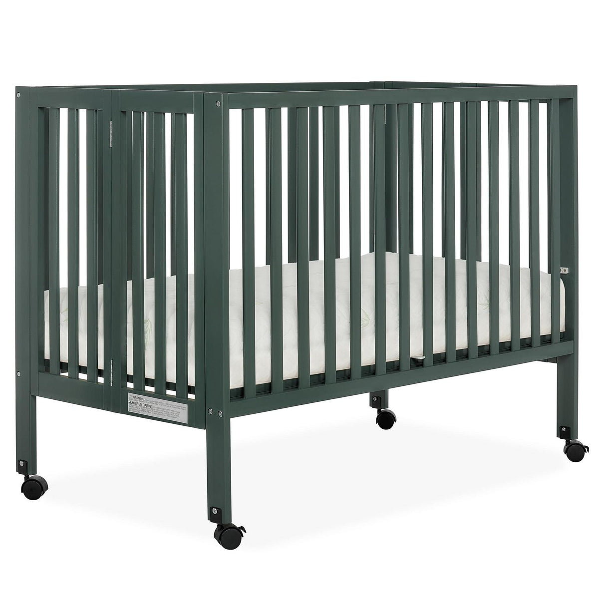 Dream On Me Quinn Full-Size Folding Crib. Removable Wheels. Modern Nursey. Adjustable Mattress Support. Patent Folding System in Olive