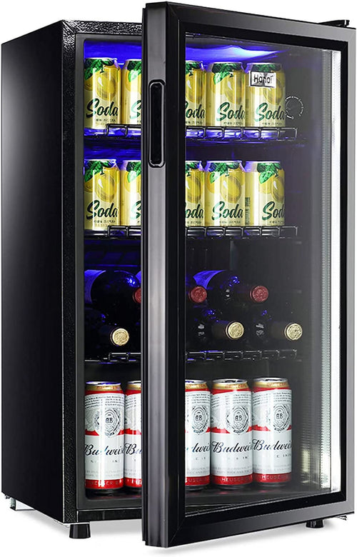 WANAI Compact Beverage Refrigerator, 100 Can Capacity, Glass Door, Black Stainless Steel