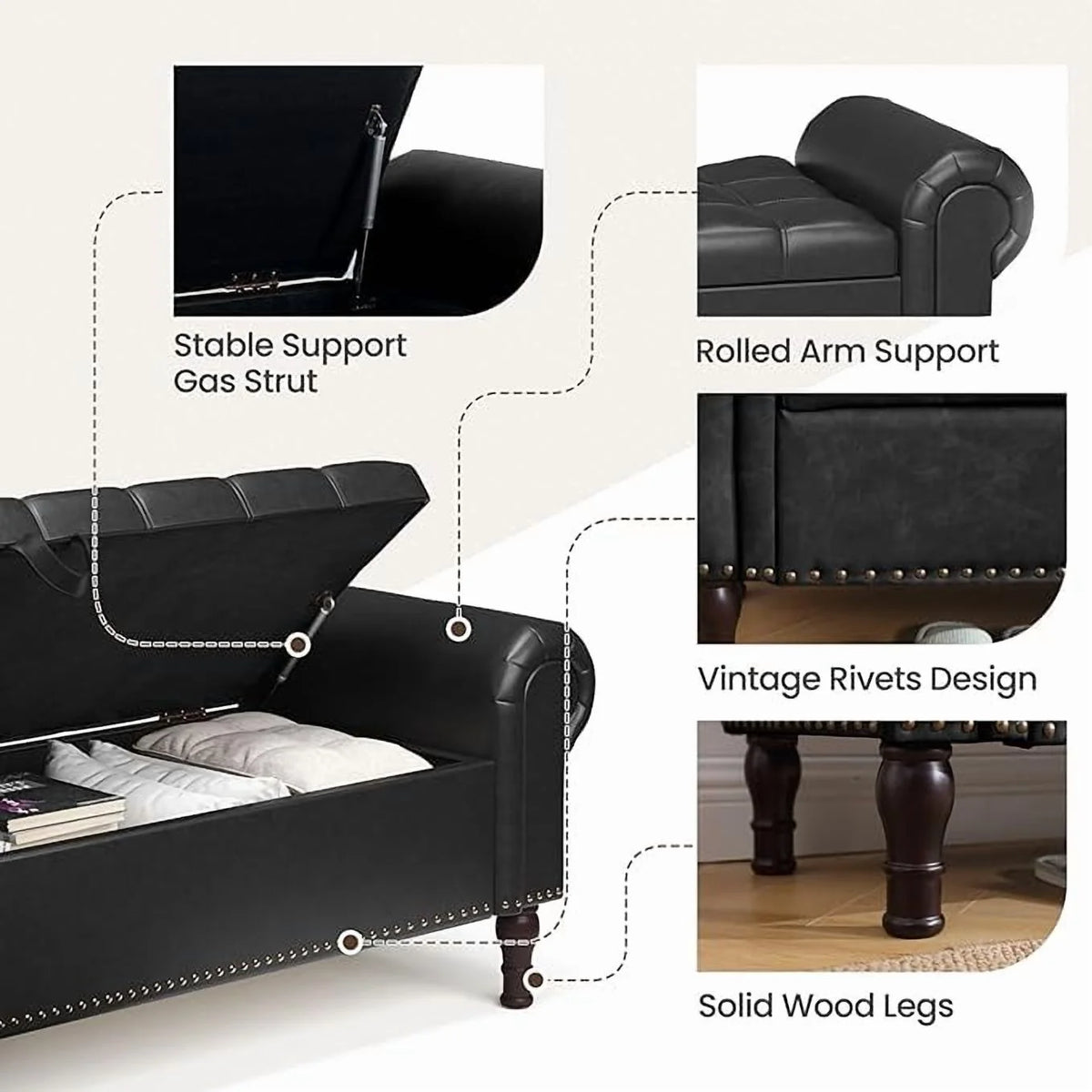 Gelloan Storage Ottoman Bench for Bedroom,Upholstered Bedroom Bench with Rolled Arms and Rivets, Storage Chest for Living Room,Grey,51 Inches