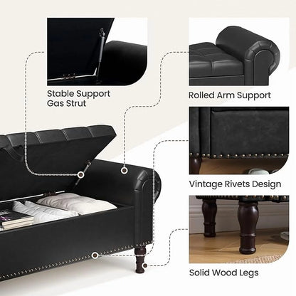 Gelloan Storage Ottoman Bench for Bedroom,Upholstered Bedroom Bench with Rolled Arms and Rivets, Storage Chest for Living Room,Grey,51 Inches