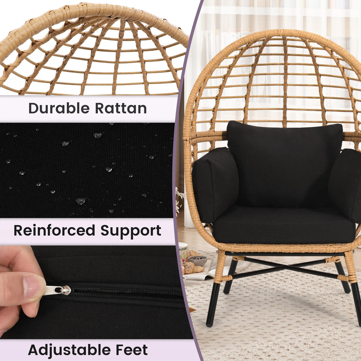 Skandiquip Oversized Rattan Adult Egg Chair, 360 Swivel, Outdoor Patio Chair with overstuffed Cushions, Indoor Large Wicker Egg Chair, Natural Rattan, Beige Cushion
