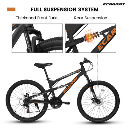 26 Inch Mountain Bike, Dual Full Suspension 21-Speed Disc Brakes Thumb Shifter, Carbon Steel Frame Mountain Bike, Mens Womens Trail Commuter City Bicycles
