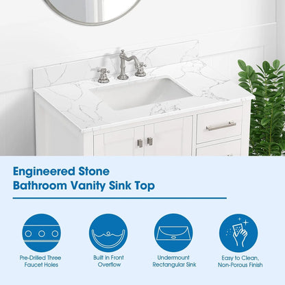 36x22 Engineered Stone Vanity Sink Top, White Bathroom Countertop with Undermount Left Sink, Vanity Top with 8 inch 3 Faucet Hole Spacing and Backsplash