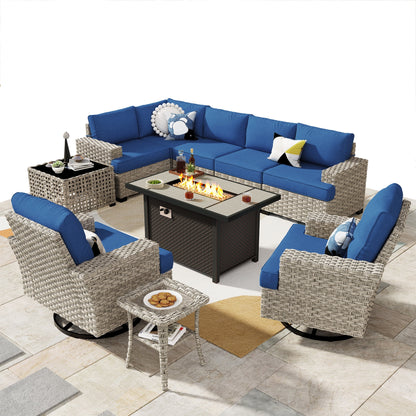 Ovios 10 Pieces Outdoor Patio Furniture Modern High-Back All-Weather Wicker Sectional Conversation Set with Propane Fire Pit Table & Swivel Chair, Dark Gray