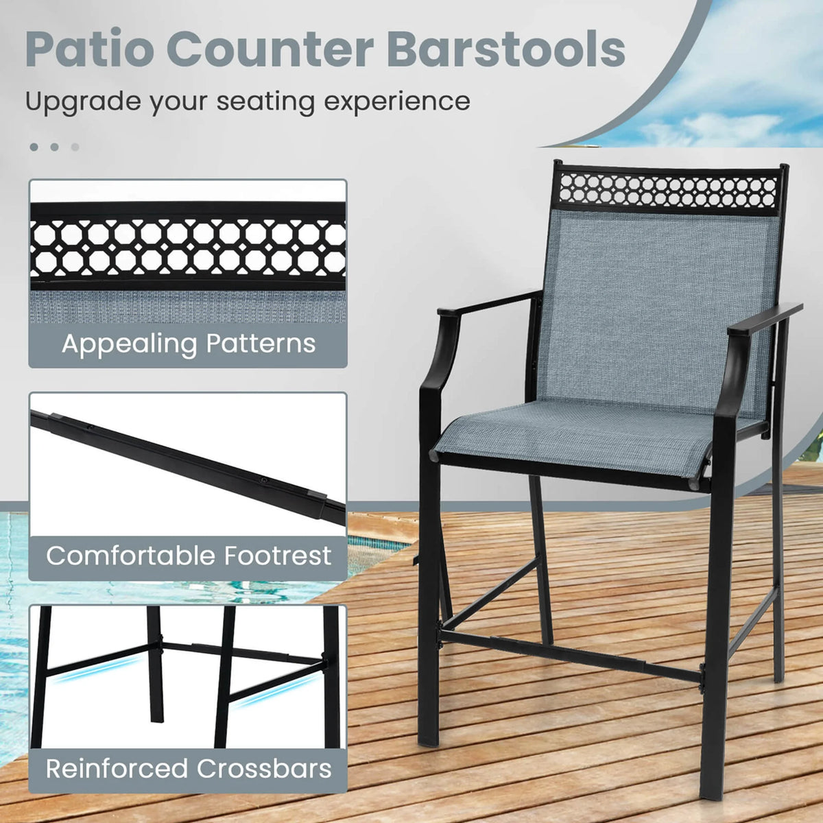 Costway Outdoor Counter Stools Set of 2 with Footrest & Armrests Metal Frame for Backyard Blue