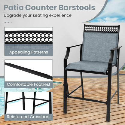 Costway Outdoor Counter Stools Set of 2 with Footrest & Armrests Metal Frame for Backyard Blue