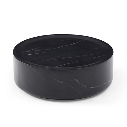 31.49'' Round Coffee Table with Marble Texture, Modern Low Drum Circle Fiberglass Coffee Table, Side Table Accent Table for Living Room, Outdoor, No Need Assembly, Marble