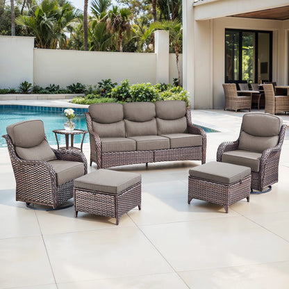 Bellefurn Luxury Outdoor Patio Furniture Set,Swivel Rocker Patio Chairs with 6-inch Thick Cushion,Patio Sofa and Glass Coffee Table,Outdoor Conversation Set for Porch, Deck, Yard