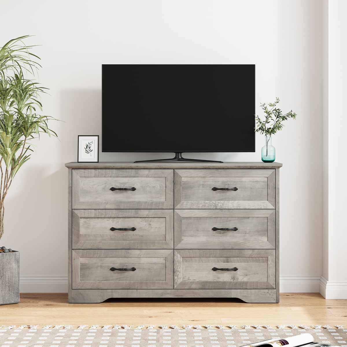 Homhougo White Dresser for Bedroom 6 Drawer, Wood Organizer Storage Cabinet with Gray Strip Drawer Door, Chest of Drawers for Closet, Living Room, Hallway, Nursery, Kids Bedroom