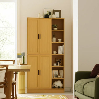 63" Tall Kitchen Pantry, Kitchen Pantry Cabinet with 4 Doors and Adjustable Shelves, Storage Cabinet for Dining Room, Laundry Room, Oak