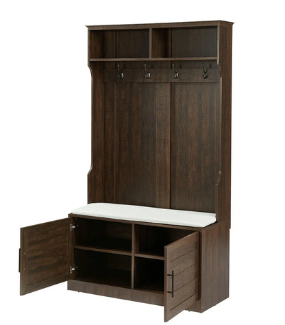 Entryway Hall Tree with Storage Bench, Wooden Coat Rack with Sponge Pad and 4 Dual Hooks, Storage Shelf Organizer with 2-Door Cabinet for Entryway, Bedroom, Easy to Assemble