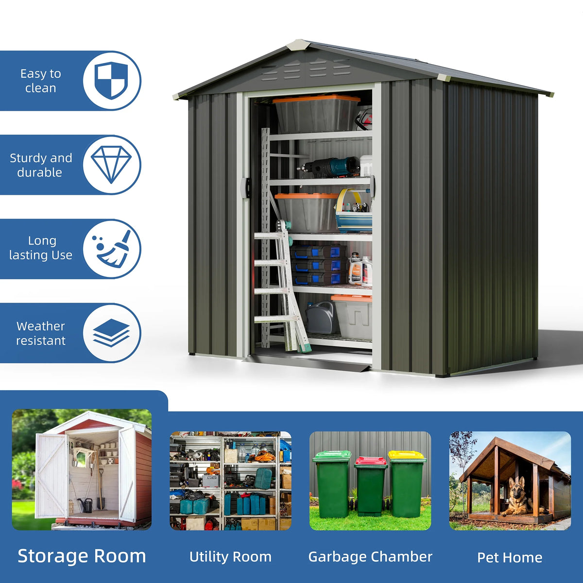 Walsunny 6X4 FT Outdoor Storage Shed,Waterproof Metal Garden Sheds with Lockable Double Door Weather Resistant Steel Tool Storage House Shed Grey