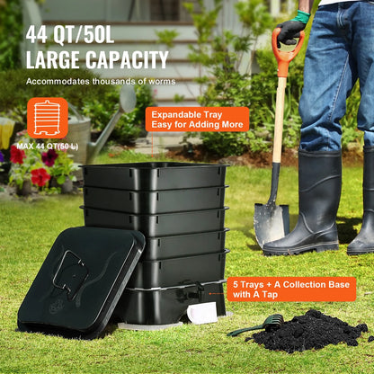 KFFKFF 5-Tier Worm Recycler, 50 L Indoor and Outdoor Worm Composting Container, Eco-Friendly Worm Cultivation Set, for Repurposing Kitchen Scraps, Worm Excreta, Worm Liquid