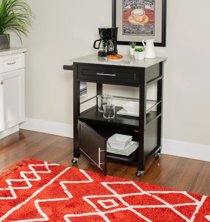 Linon Monett 2-Tier Mobile Serving Cart with Gray Granite Top, 27.75" Length, White