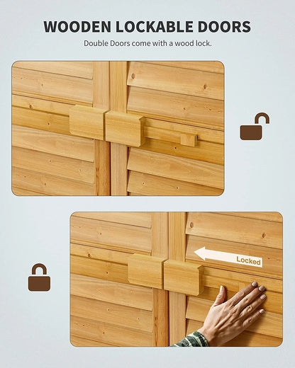 63.2" Outdoor Storage Cabinet, Lofka  Lockable Doors Garden shed with Adjustable Shelves| Asphalt Roof| Ventilate Shutter, Wood Shed with Large Storage Space, Waterproof Roof for Garden, Natural