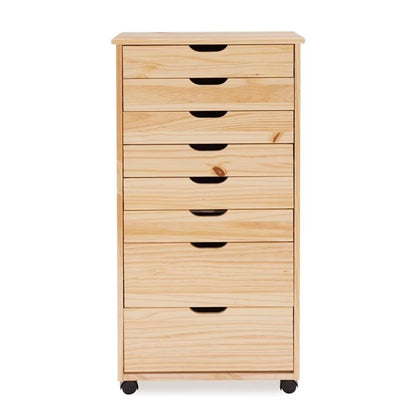 Linon Callie Eight Drawer Rolling Storage Cart in Natural Stained Wood