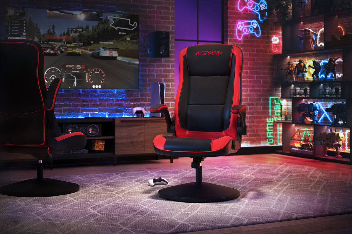 RESPAWN 800 Swivel Rocker Gaming Chair - Ergonomic Floor Gaming Seat with Lumbar Support, Flip Up Armrest, High Back, Pedestal Base, Comfortable No Wheels Console Video Game Rocker Chair - Red