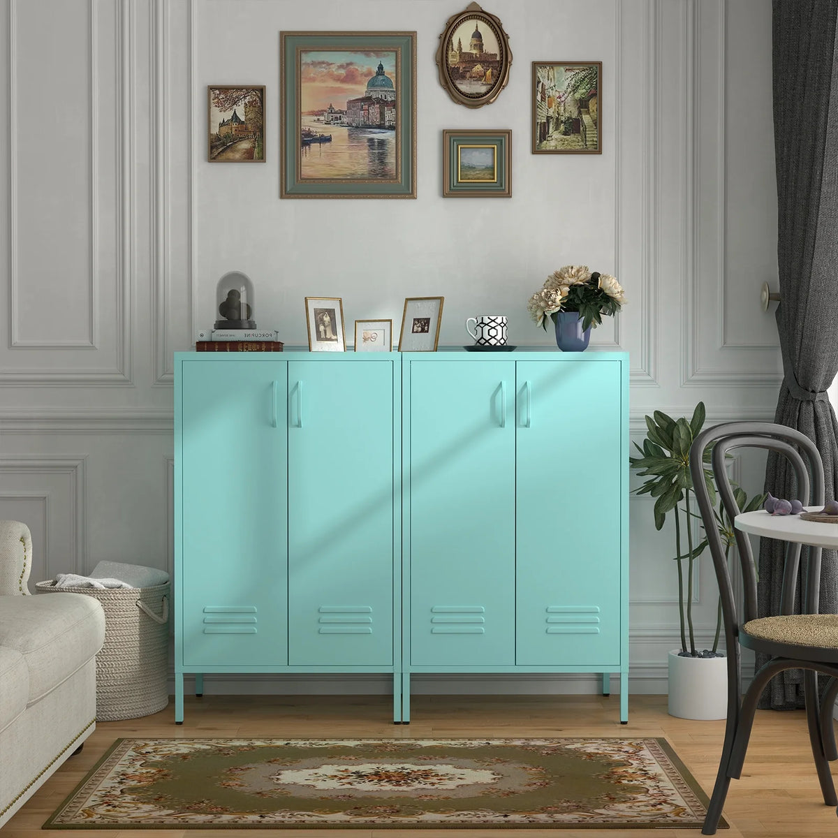 Marcree Green Metal Cabinet,2 Door Accent Cabinet,Metal Locker Cabinet with Legs,Sideboard Cabinet with Adjustable Shelves,Locker Storage Cabinet for Living Room,Entryway