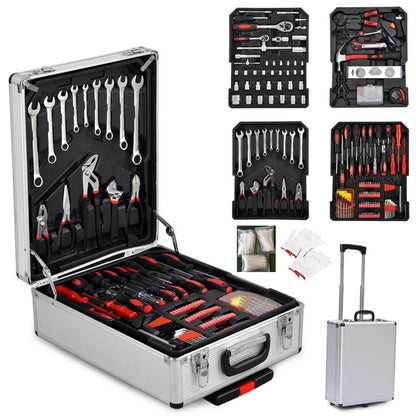 799PCS Aluminum Trolley Case Tool Set, Complete Tool Box Set with Rolling Wheels, Household Hand Tools Kit for Men, Silver