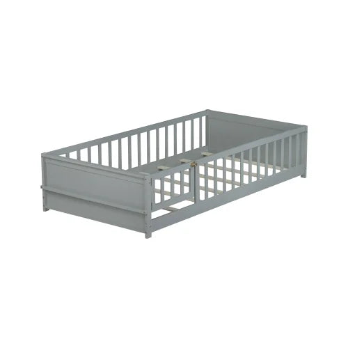 Bellemave Twin Size Floor Bed with Fence, Montessori Floor Twin Bed with Built-in Book Rack, Solid Wood Twin Bed with Slats and Safety Guardrails, Natural