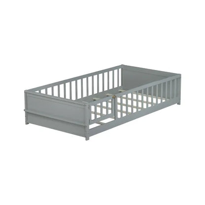 Bellemave Twin Size Floor Bed with Fence, Montessori Floor Twin Bed with Built-in Book Rack, Solid Wood Twin Bed with Slats and Safety Guardrails, Natural