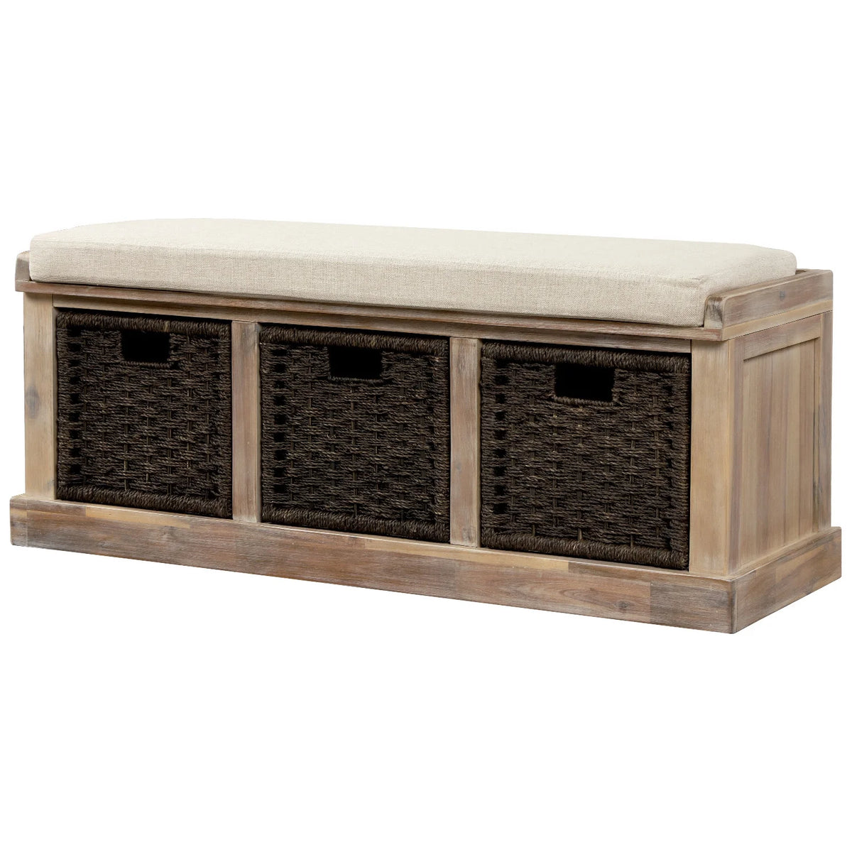 Entryway Storage Bench with 3 Woven Baskets and Removable Cushion, Entry Hallway Foyer Shoe Bench End of Bed Bench, Fully Assembled, 41.3" L x 15.7" W x 17" H (White&nbsp;Washed)