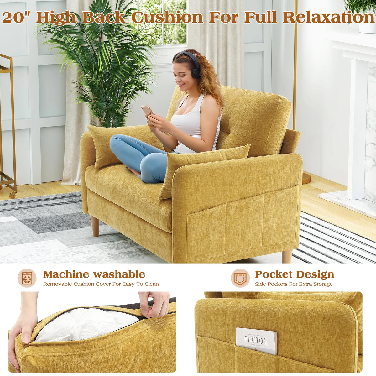 BedLuxury 47'' Wide LoveSeat, 2-seat Chenille sofa with 2 Pillows for Living Room and Small Spaces, Dark Grey