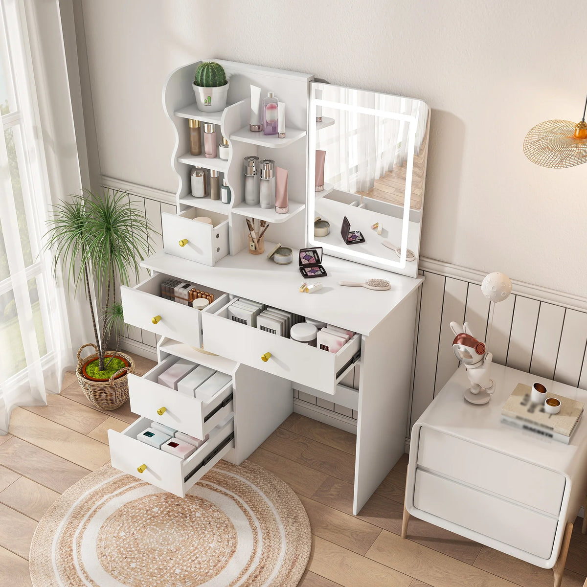 Montary Modern Mini Vanity w/Adjustable LED Mirror + Hidden Storage, Padded Stool & Dustproof Shelves (White)
