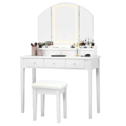 Costway Vanity Table Stool Set Large Tri-folding Lighted Mirror 6 Drawer Dresser White