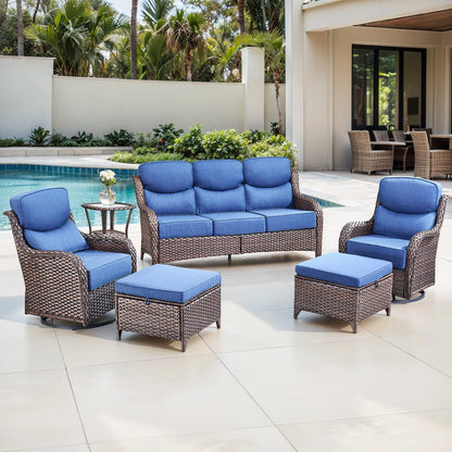 Bellefurn Luxury Outdoor Patio Furniture Set,Swivel Rocker Patio Chairs with 6-inch Thick Cushion,Patio Sofa and Glass Coffee Table,Outdoor Conversation Set for Porch, Deck, Yard