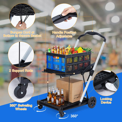 Collapsible Utility Cart, Multi Use Functional Collapsible Shopping Carts, 2-Tier Collapsible Shopping Cart with Storage Crates, Heavy Duty Utility Cart Folding Trolley for Shopping, Picnic and Office