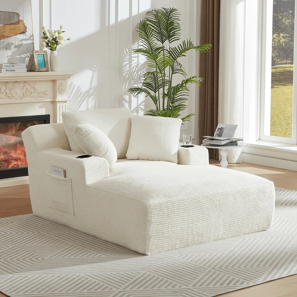 Lovableguy Oversized Chaise Lounge Chair Indoor,Comfy Deep seat Lounge Sofa with Cup Holders and Storage Pockets,Sleeper Sofa Bed for Living Room,Bedroom,No Assembly Required,Cream