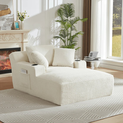 Lovableguy Oversized Chaise Lounge Chair Indoor,Comfy Deep seat Lounge Sofa with Cup Holders and Storage Pockets,Sleeper Sofa Bed for Living Room,Bedroom,No Assembly Required,Cream