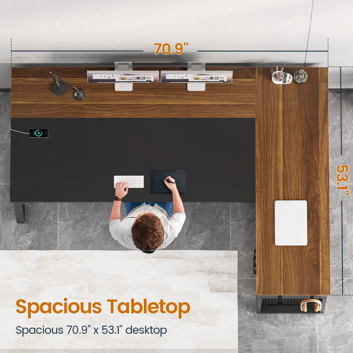 71" Executive Desk with Power Outlets, Modern L Shaped Office Desk with File Drawers and Pegboard, Large Computer Desk, Rustic Brown