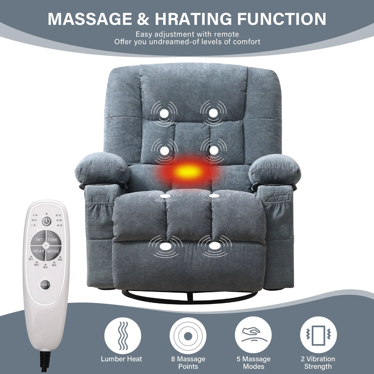 JONPONY Massage Swivel Rocker Recliner Chair with Vibration Massage and Heat Ergonomic Lounge Chair for Living Room with Rocking Function and Side Pocket, 2 Cup Holders, USB Charge Port,Grey