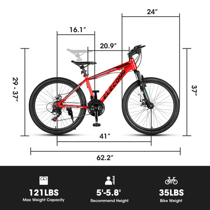 24 inch Mountain Bike for Teenagers,Shimano 21 Speed Mountain Bicycle with Mechanical Disc Brakes,Red