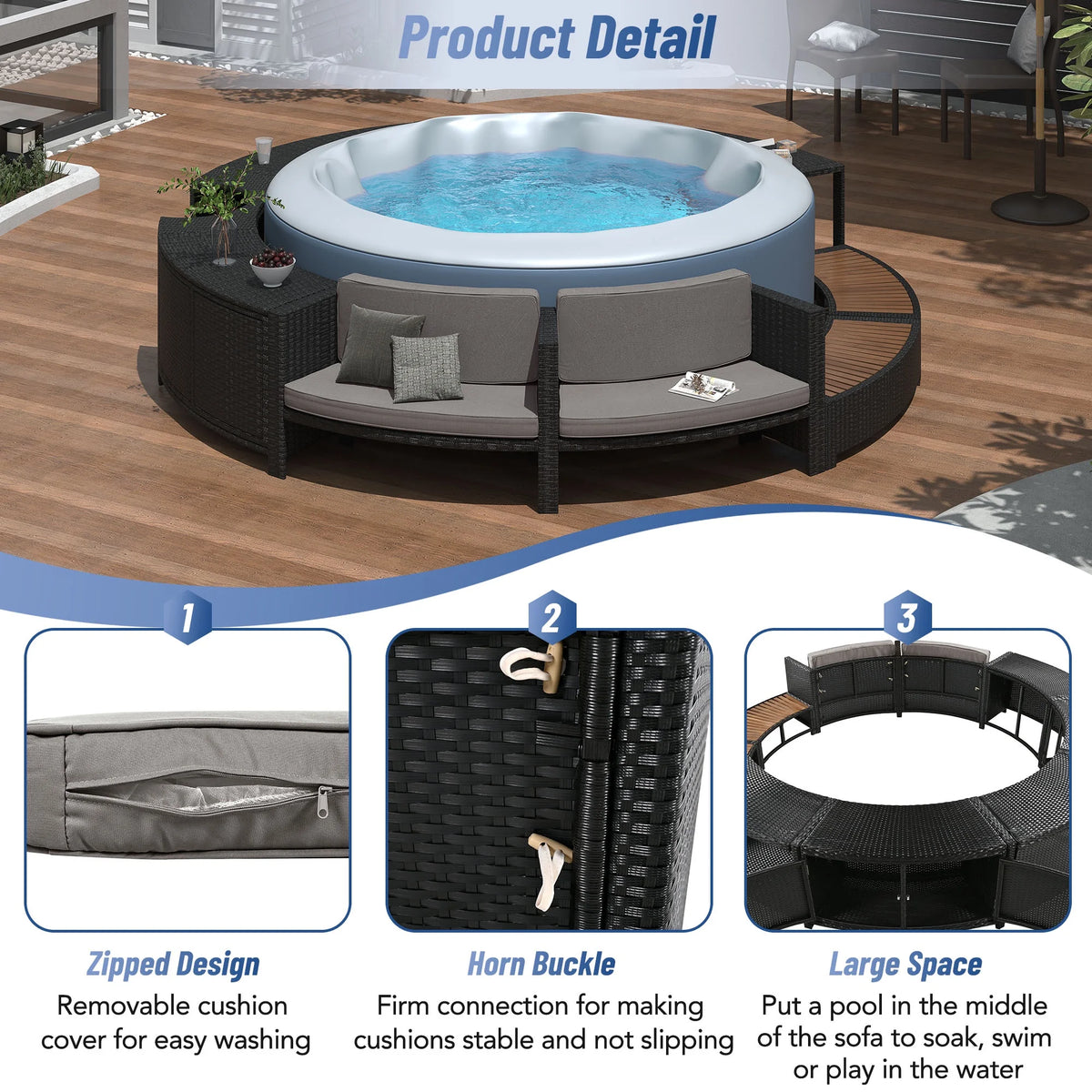 Round Hot Tub Surround Furniture, Spa Surround Outdoor Rattan Sectional Sofa Set with Mini Sofa, Solid Acacia Wood Hot Tub Storage Surround Patio Furniture Set, Gray Cushion