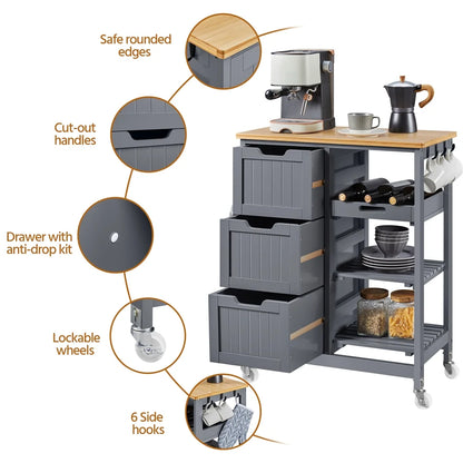 Alden Design 33" H Kitchen Storage Serving Cart for Kitchen Dining Room Bar, White