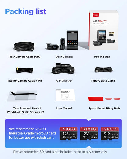 VIOFO A229 Plus Dash Cam with Dual STARVIS 2 Sensors, 2 Channel HDR, 1440P+1440P Front and Rear, Voice Control Car Dash Camera, 5GHz Wi-Fi, Ultra-Precise GPS, 24 Hours Parking Mode, Support 512GB Max