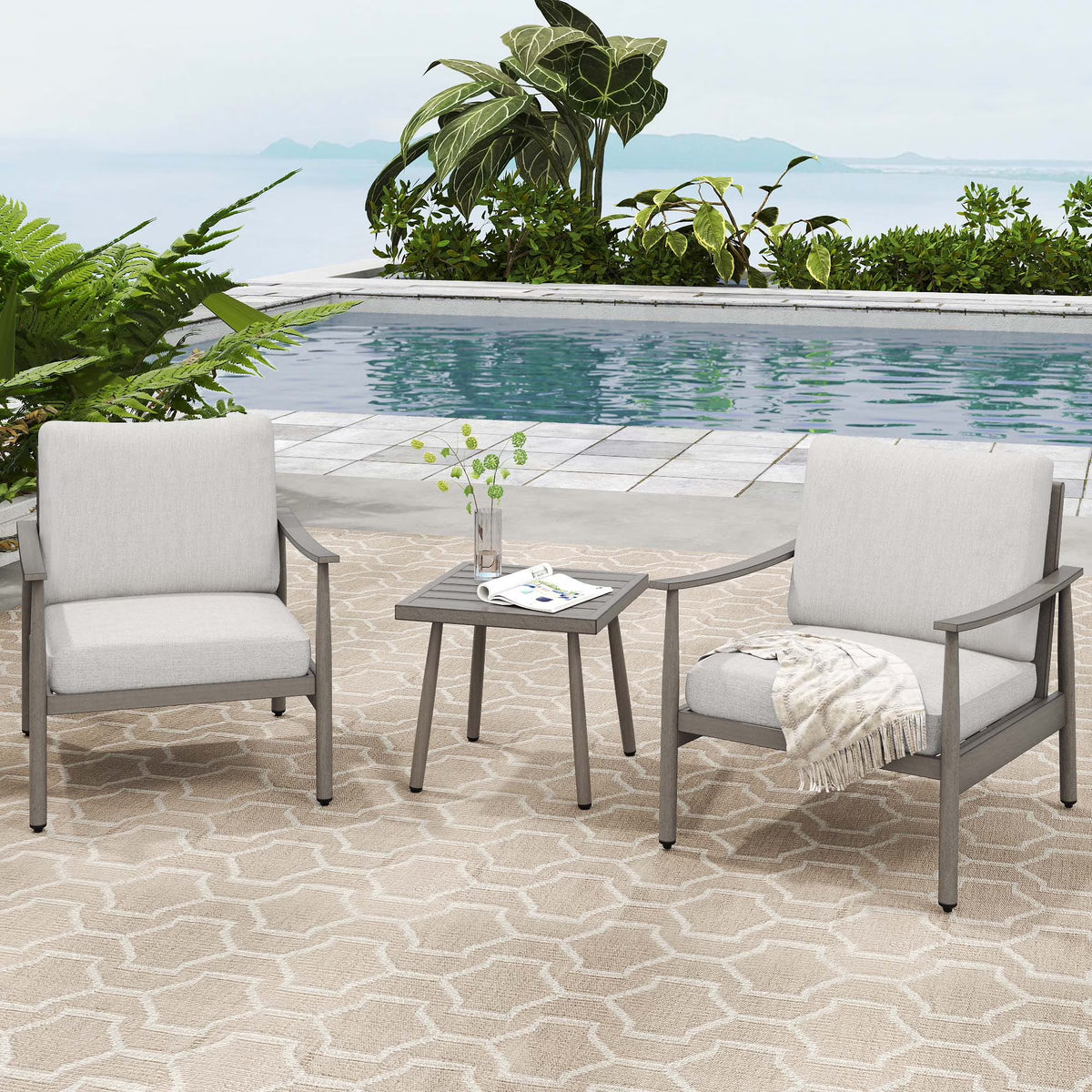 HAPPATIO Aluminum Outdoor Furniture Set - 5 Pieces Patio Furniture Set Includes 1 Side Table, 2 Swivel Chairs and 2 Ottomans with Thick Cushion, Patio Conversation Set for Backyard Poolside (Grey)