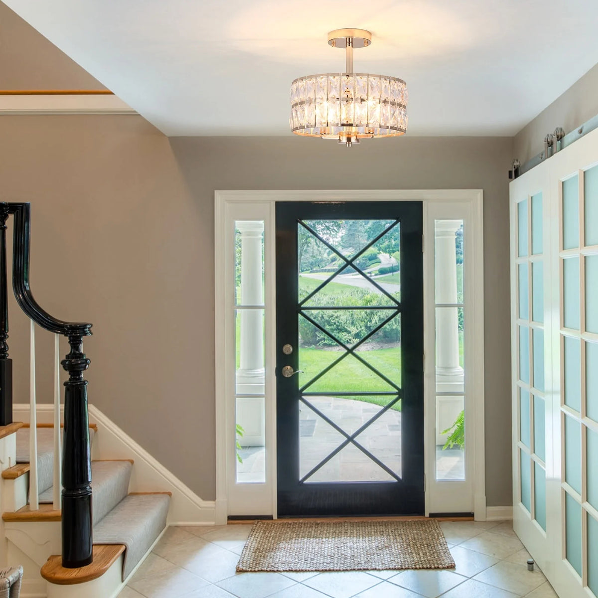 3-Light Crystal Semi Flush Mount Lights for Living Room Hallway French Gold