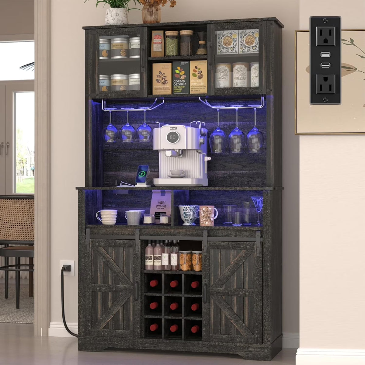 72" Farmhosue Coffee Bar Cabinet with Storage, Tall Kitchen Buffet with Hutch & Wine & Glasses Rack, Sliding Barn Door, Charging Station, RGB Lighting, 12 Storage Shelves, Sideboard Table