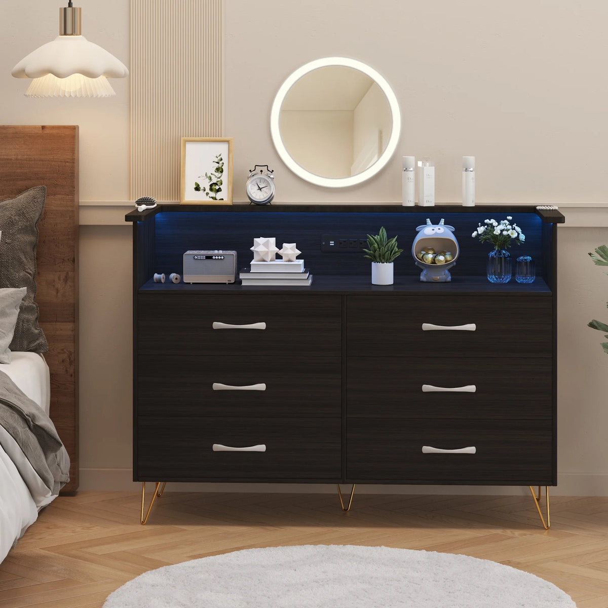 Homhougo Dresser for Bedroom 6 Drawer with LED Light & Charging Station, Wooden Dressers and Chests of Drawers with 2-Tier Open Shelves, Wide Dresser Organizer for Living Room Hallway Entryway, Pink