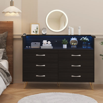 Homhougo Dresser for Bedroom 6 Drawer with LED Light & Charging Station, Wooden Dressers and Chests of Drawers with 2-Tier Open Shelves, Wide Dresser Organizer for Living Room Hallway Entryway, Pink