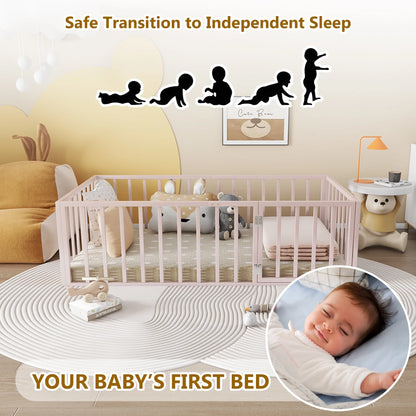 Bellemave Full Size Bed Frame, Full Montessori Bed with Safety Guardrails and Detachable Fence, Wood Full Daybed Frame, Low Profile & Rounded Corners Design, Natural