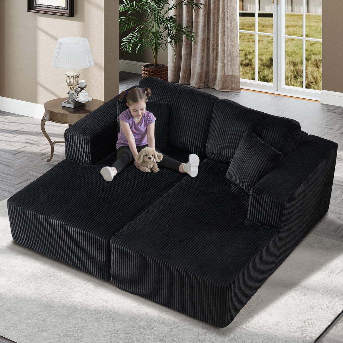 Bonzy Home Sectional Sofa with L-Shape Chaise,Modern Modular Sofa Upholstered Couch Corduroy Fabric for Living Room Bedroom Beige