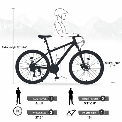 27.5" MTB Mountain Bike for Men - 21-Speed Aluminum Alloy Frame, Front Suspension, Double Disc Brakes | Adult All-Terrain Bicycle