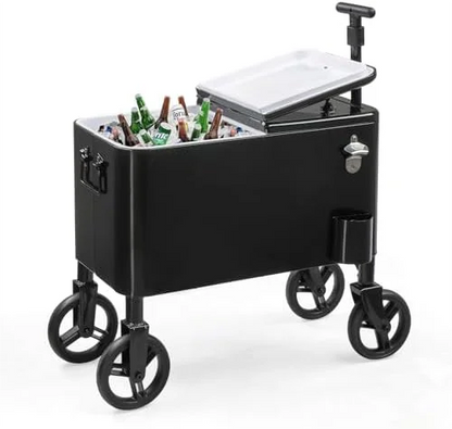 80 Quart Wagon Rolling Cooler Ice Chest, /Long Handle and 10" Wheels, Portable Beach Patio Party Bar Cold Drink Beverage, Outdoor Park Cart on Wheels