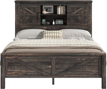Merluxy Farmhouse Full Bed Frame with Storage Bookcase & Charging Station, Bedroom Furniture, Grey