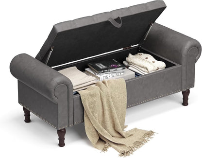 Gelloan Storage Ottoman Bench for Bedroom,Upholstered Bedroom Bench with Rolled Arms and Rivets, Storage Chest for Living Room,Grey,51 Inches